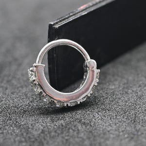 14k white gold diamond nose piercing hoop, Dainty diamond nose hoop with natural diamond, Single row diamond cartilage helix clicker