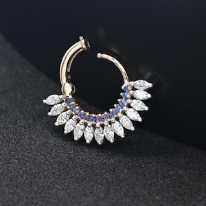 Blue sapphire and diamond septum ring, Gold Daith Clicker hoop for cartilage piercing, 14k gold daith/helix conch hoop, Gold hinged hoop