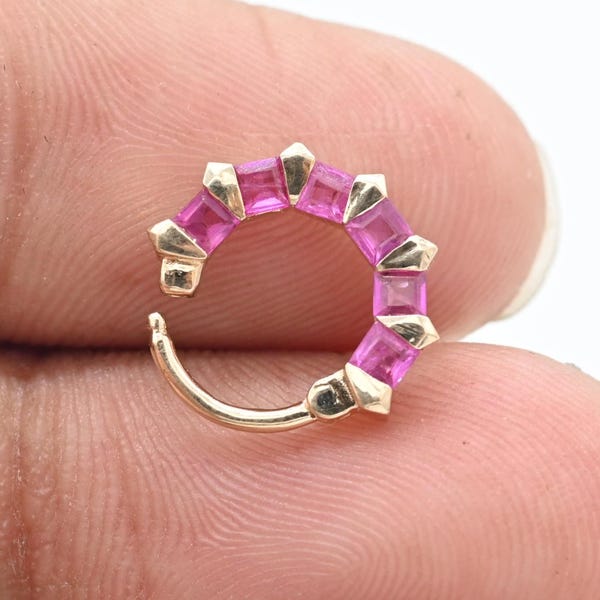 Princess cut pink sapphire septum hoop, natural pink gem septum rings, 14k solid gold Daith ear piercing,ear piercing hoop jewelry