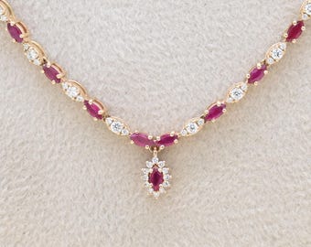 Collana da sposa in autentico rubino con diamanti naturali / Elegante collana con pietre preziose rosse dal design antico
