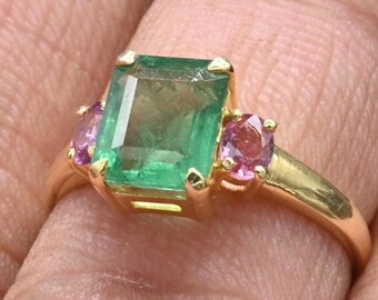 Emerald and Pink Sapphire Ring | Solid Gold Gemstone Band