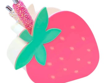 Strawberry Pen Holder | Kawaii Desk Organizer | Cute Desk Accessories for Office | Pink Aesthetic Desk Décor | Stationery Holder