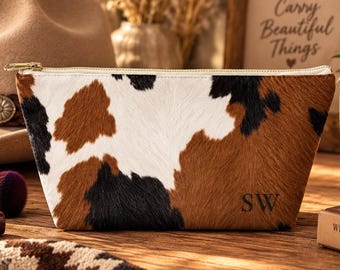 Bridesmaid Gift Cow Print Makeup Bag, Personalized Cosmetic Pouch, Western Bachelorette Gift, Cowgirl Travel Bag Birthday Gift