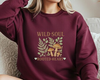 Sudadera botánica con estampado de setas, sudadera con estampado cottagecore de naturaleza, sudadera de cuello redondo con temática forestal, regalo para ella, ropa con estética natural.