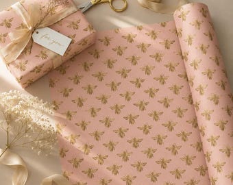 Rose Gold Bee Wrapping Paper, Neutral Honey Bee Gift Wrap, Feminine Luxury Gift Wrap, Cottagecore Birthday Paper Elegant Pink Wrapping Paper