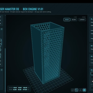 K&ouml;nnte beinhalten: Eine digitale Benutzeroberfl&auml;che f&uuml;r die Software Box Engine V1.01, die ein 3D-Drahtgittermodell einer hohen, rechteckigen Box mit einem hexagonalen Gittermuster an den Seiten zeigt. Der dunkelblaue Bildschirm enth&auml;lt verschiedene Bedienfelder.