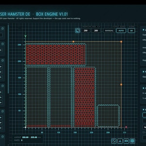K&ouml;nnte beinhalten: Eine digitale Benutzeroberfl&auml;che f&uuml;r die Software Box Engine V1.01 mit dunkelblauem Rasterhintergrund und roten rechteckigen Formen. Das Layout zeigt verschiedene Bedienfelder f&uuml;r Einheiten, Materialst&auml;rke, L&auml;nge, Breite und H&ouml;he.