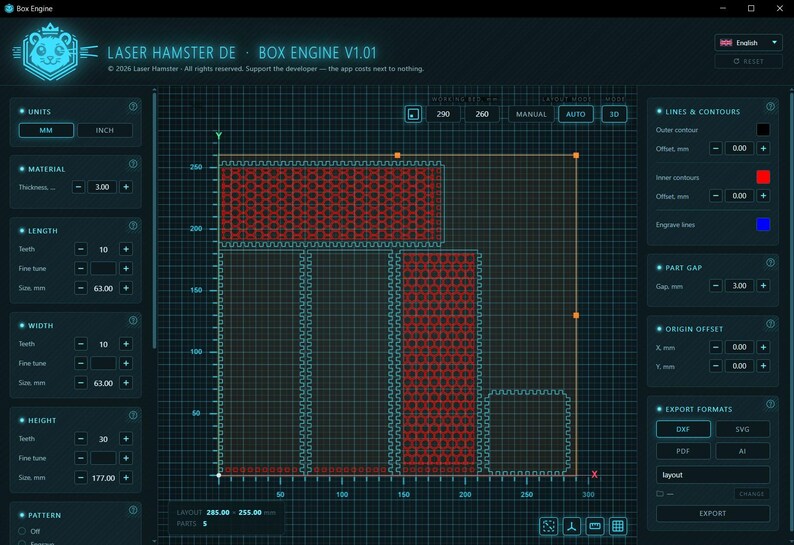 K&ouml;nnte beinhalten: Eine digitale Benutzeroberfl&auml;che f&uuml;r die Software Box Engine V1.01 mit dunkelblauem Rasterhintergrund und roten rechteckigen Formen. Das Layout zeigt verschiedene Bedienfelder f&uuml;r Einheiten, Materialst&auml;rke, L&auml;nge, Breite und H&ouml;he.