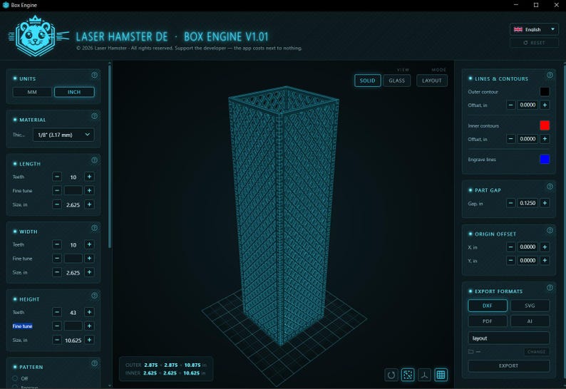 K&ouml;nnte beinhalten: Digitale Benutzeroberfl&auml;che der Software Laser Hamster DE Box Engine V1.01 mit einem 3D-Drahtgittermodell einer hohen rechteckigen Box mit Rautenmuster. Das dunkelblaue Dashboard enth&auml;lt verschiedene Eingabefelder f&uuml;r die Abmessungen.