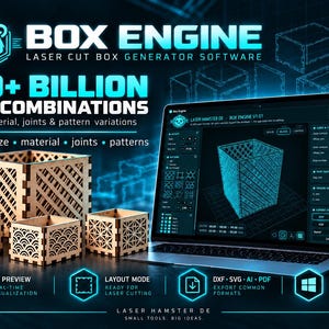 Puede incluir: Un portátil que muestra el software generador de cajas cortadas con láser Box Engine, con una vista previa en 3D. Tres cajas de madera con intrincados patrones cortados con láser se sitúan frente al portátil, mostrando varios diseños.