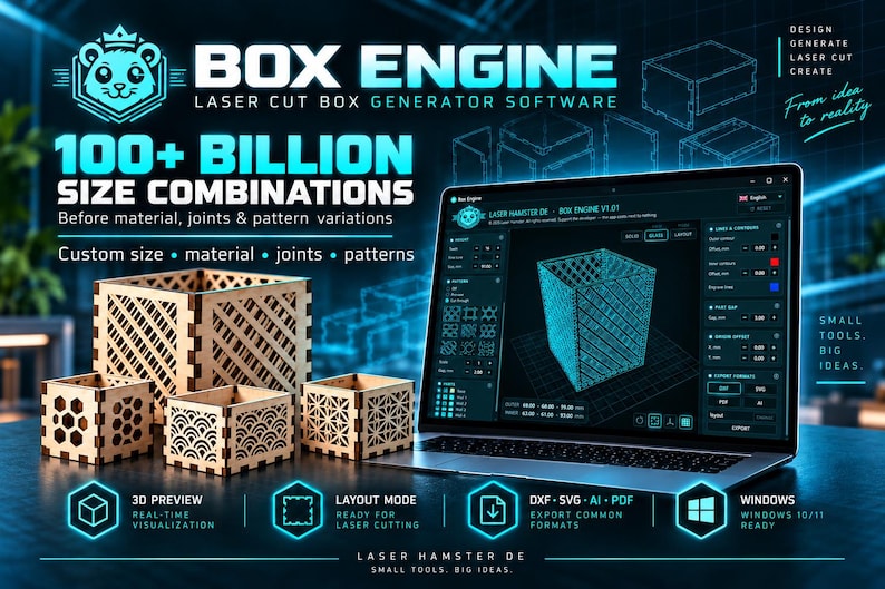 K&ouml;nnte beinhalten: Ein Laptop mit der Box Engine Software zur Generierung von lasergeschnittenen Boxen, inklusive 3D-Vorschau. Drei physische Holzkisten mit komplexen, lasergeschnittenen Mustern stehen vor dem Laptop und zeigen verschiedene geometrische Designs.