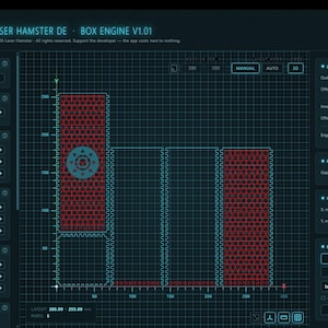 K&ouml;nnte beinhalten: Eine digitale Software-Oberfl&auml;che mit dem Titel Laser Hamster DE - Box Engine V1.01, die einen dunkelblauen Rasterhintergrund mit rot umrandeten rechteckigen Formen sowie Bedienfelder f&uuml;r Einheiten, Materialst&auml;rke, L&auml;nge, Breite, H&ouml;he und Exportformate zeigt.
