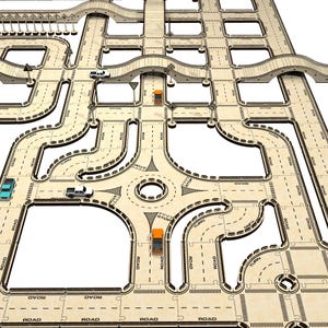 May include: A wooden toy city road system with bridges, intersections, and various road layouts. The design includes road markings, stop signs, and the word "ROAD" printed on the road segments. Several toy cars are placed on the roads.
