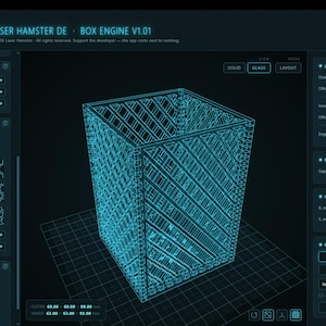 K&ouml;nnte beinhalten: Eine digitale Benutzeroberfl&auml;che f&uuml;r die Software Laser Hamster DE Box Engine V1.01, die ein 3D-Drahtgittermodell einer rechteckigen Box mit diagonalem Gittermuster zeigt. Der dunkelblaue Bildschirm enth&auml;lt verschiedene Bedienfelder f&uuml;r H&ouml;he und Muster.