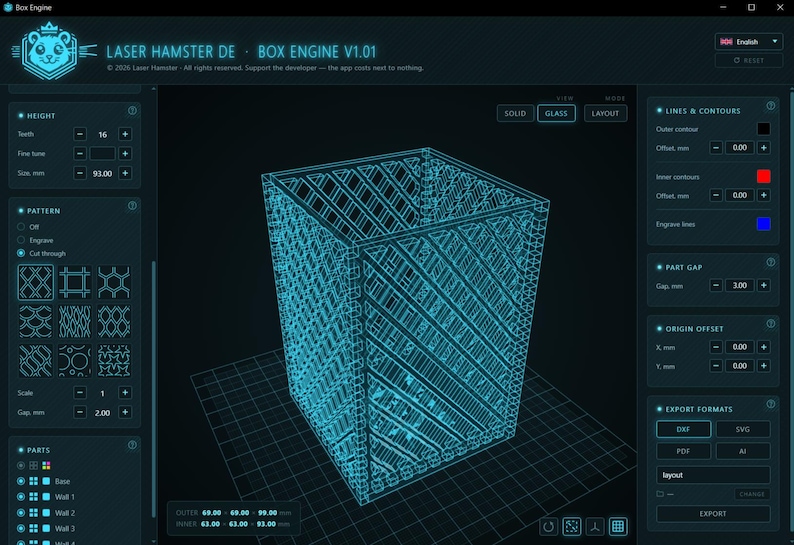 K&ouml;nnte beinhalten: Eine digitale Benutzeroberfl&auml;che f&uuml;r die Software Laser Hamster DE Box Engine V1.01, die ein 3D-Drahtgittermodell einer rechteckigen Box mit diagonalem Gittermuster zeigt. Der dunkelblaue Bildschirm enth&auml;lt verschiedene Bedienfelder f&uuml;r H&ouml;he und Muster.
