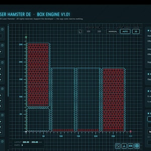 K&ouml;nnte beinhalten: Eine digitale Benutzeroberfl&auml;che f&uuml;r die Software Box Engine V1.01 auf einem dunklen Bildschirm. Das Layout zeigt ein Raster mit rot umrandeten rechteckigen Komponenten sowie Seitenleisten f&uuml;r Einheiten, Materialst&auml;rke, L&auml;nge, Breite und H&ouml;he.