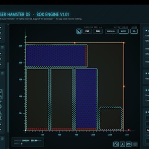 K&ouml;nnte beinhalten: Eine Software-Benutzeroberfl&auml;che im dunklen Design mit dem Titel Laser Hamster DE Box Engine V1.01, die einen digitalen Arbeitsbereich mit einem Raster, Koordinatenachsen und mehreren rechteckigen Formen mit ineinandergreifenden Kanten in Blau, Rot und Schwarz zeigt.