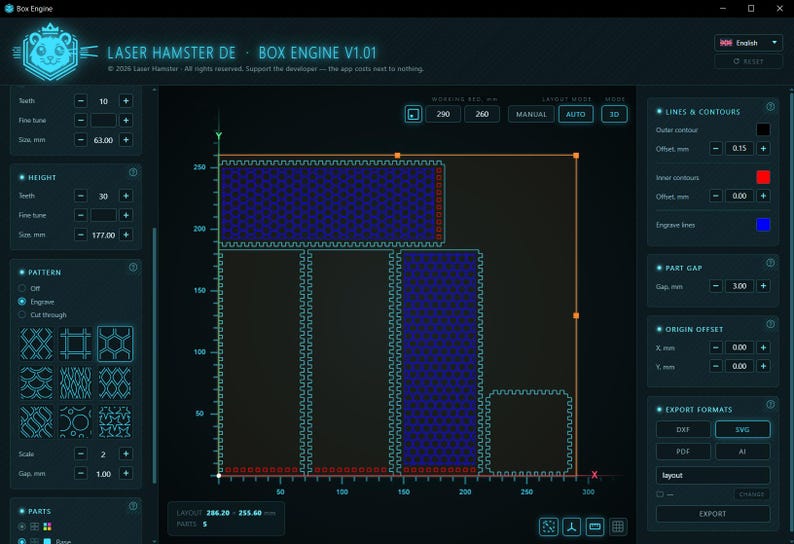 K&ouml;nnte beinhalten: Eine Software-Benutzeroberfl&auml;che im dunklen Design mit dem Titel Laser Hamster DE Box Engine V1.01, die einen digitalen Arbeitsbereich mit einem Raster, Koordinatenachsen und mehreren rechteckigen Formen mit ineinandergreifenden Kanten in Blau, Rot und Schwarz zeigt.