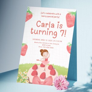 Strawberry Birthday Invitation, Strawberry Birthday Party, Editable Invite, Printable Invitation, Canva Invite, Kids Birthday Invite