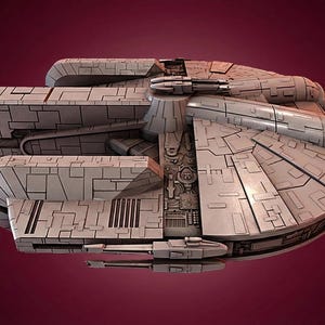 May include: A detailed, light gray spaceship model with a complex, geometric design. The spacecraft features multiple panels, vents, and what appear to be weapon emplacements. The overall aesthetic suggests a futuristic, science fiction theme.