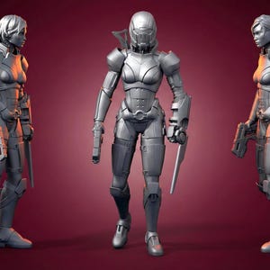 May include: Three gray futuristic female figures in armor, each holding a weapon. The figures are posed in different stances against a dark red background. The armor has a sleek, detailed design.