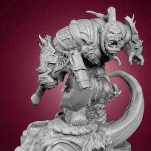 May include: A detailed gray figurine of a fantasy warrior, posed aggressively. The figure is heavily armored, with a snarling expression and a weapon in hand. The sculpture is set against a dark red background.