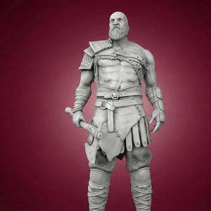May include: A gray statue of a muscular warrior figure, holding an axe. The figure is clad in leather armor and has a long beard. The statue is set against a dark red background, showcasing the details of the sculpture.