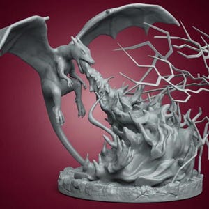 May include: A gray, three-dimensional sculpture of a dragon-like creature with large wings, flames, and lightning. The dragon is mid-flight, with flames erupting from its mouth and lightning bolts extending towards a sphere.