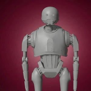 Puede incluir: Una figura de robot humanoide gris con cabeza redondeada, cuello cilíndrico y extremidades articuladas. El robot tiene una apariencia suave y metálica y se alza sobre un fondo rojo oscuro. El diseño sugiere un tema de ciencia ficción o futurista.