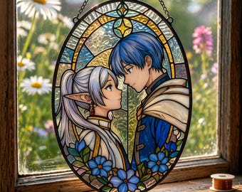 Handcrafted Anime Couple Stained Glass Suncatcher  Custom Window DecorUnique Window Art PieceBeautiful Handcrafted Window Art