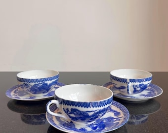 Antique blue and white Japanese porcelain dragons 3 cups and 3 saucers
