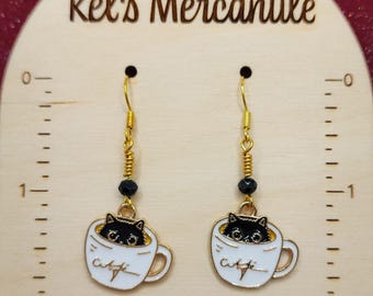 Coffee Cup Black Cat Dangle Earrings with Black Faceted Glass Bead
