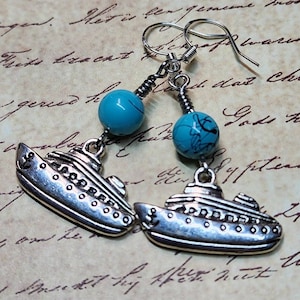 Cruise Ship Yacht Boat Dangle Earrings with Blue and Black Swirl Glass Bead