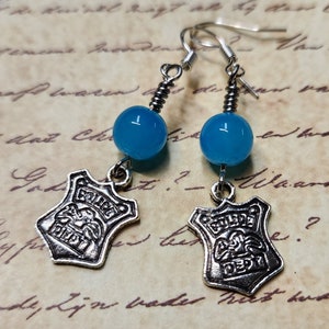 Police Cop Badge Dangle Earrings with Blue Round Glass Bead