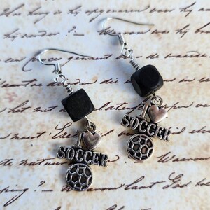 I Love Soccer Dangle Earrings with Black Wooden Cube Bead