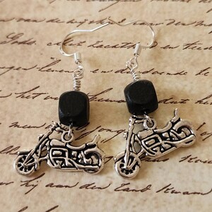Motorcycle Dangle Earrings with Black Wooden Cube Bead
