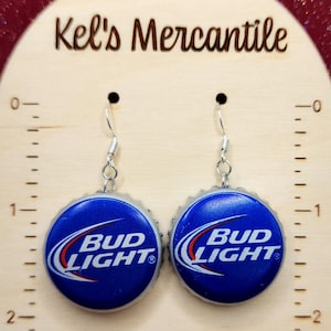 Bud Light Beer Bottle Cap Dangle Earrings