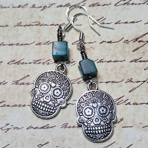 Sugar Skull Dangle Earrings with Turquoise Stone Cube Bead