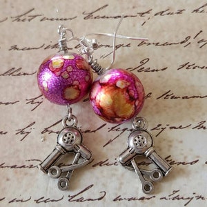 Hairdresser Salon Stylist Dangle Earrings with Pink and Yellow Swirl Round Glass Bead