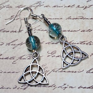 Celtic Triquetra Knot Dangle Earrings with Blue Crackle Round Bead