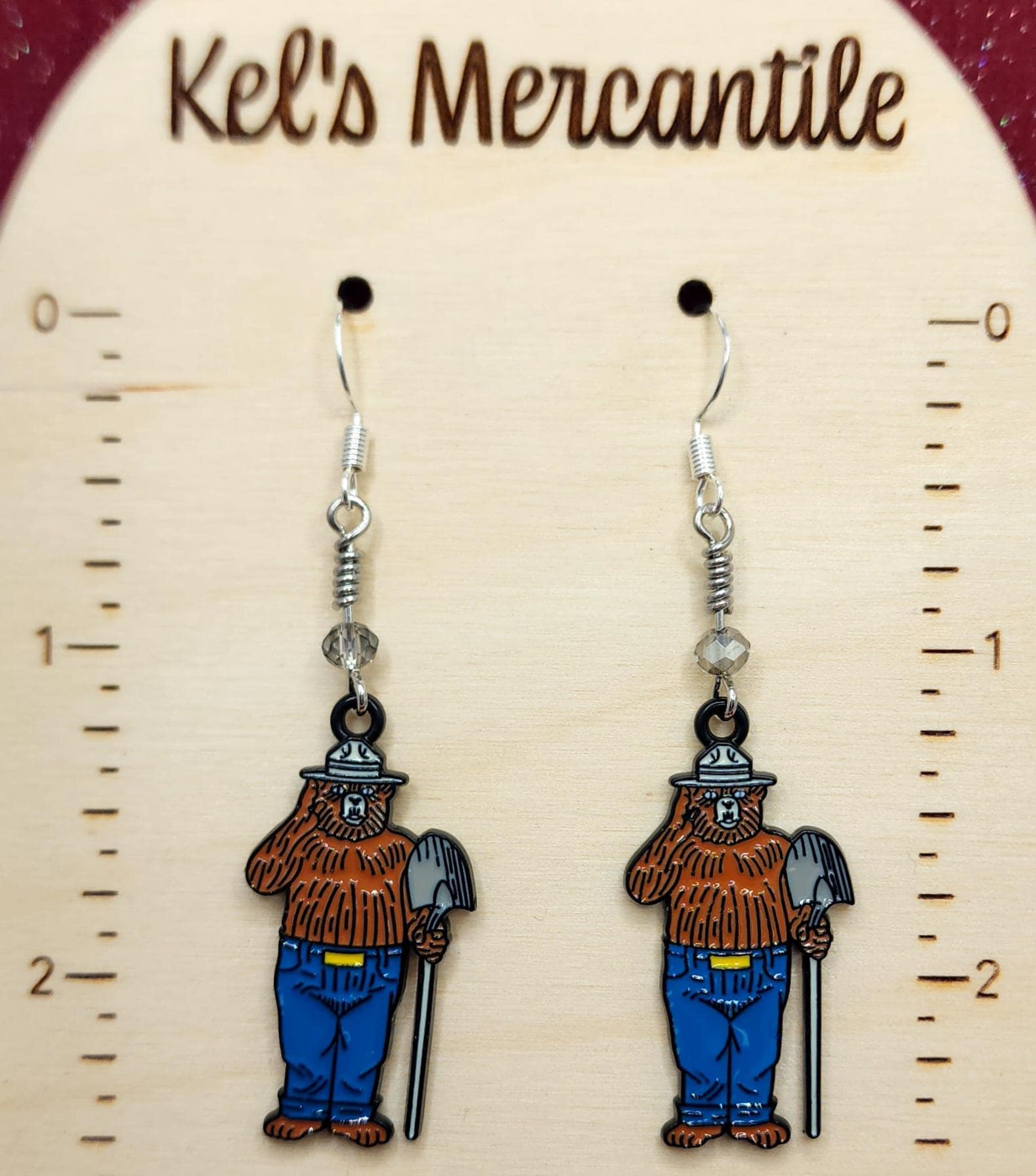 Enamel Smokey the Bear Prevent Forest Fire Dangle Earrings with Grey Faceted Glass Bead