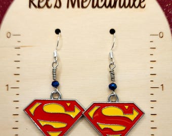 Enamel Male Superhero Dangle Earrings with Blue Faceted Glass Bead