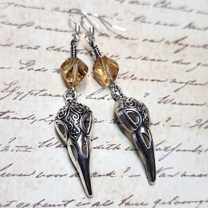 Raven Bird Skull Dangle Earrings with Amber Faceted Glass Bead