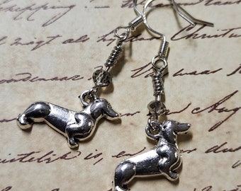 Dachshund Weiner Dog Dangle Earrings with Grey Faceted Glass Bead