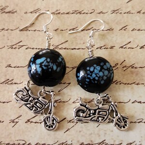 Motorcycle Dangle Earrings with Blue and Black Speckled Glass Bead