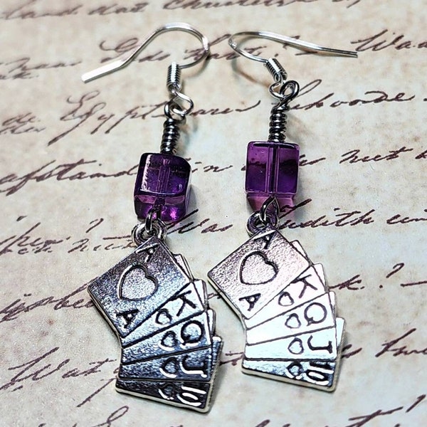 Poker Spades Hearts Rummy Deck of Cards Dangle Earrings with Purple Glass Cube Bead