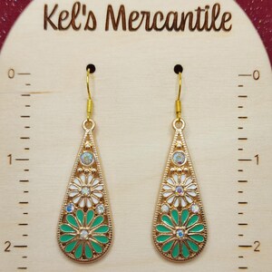 Gold-Tone Floral Jeweled Teardrop Dangle Earrings