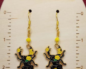 Beetle Bug Dangle Earrings with Yellow Faceted Glass Bead