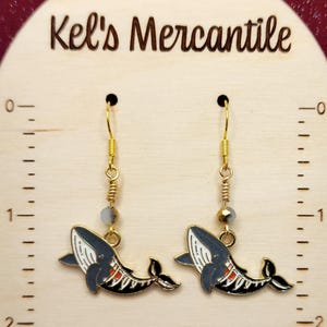 Enamel Whale Fish Skeleton Cartoon Dangle Earrings with Grey and Gold Faceted Glass Bead