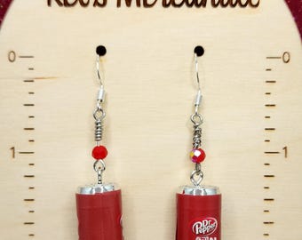 Dr. Pepper Soda Pop Can Dangle Earrings with Red Faceted Glass Bead